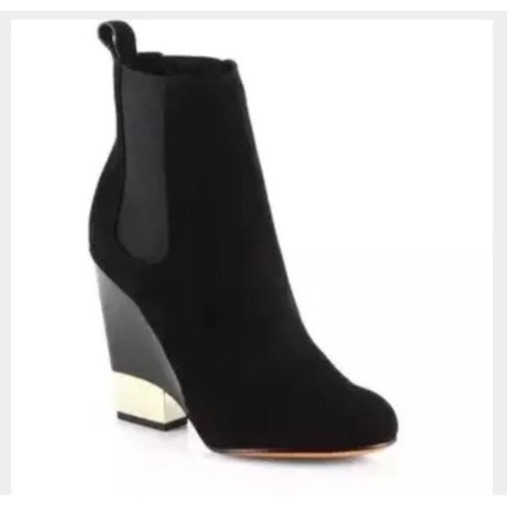 Givenchy Black Suede Chelsea Ankle Boots Gold Plate Wedge Pull On Block Heel 37